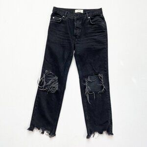 Free People Destroyed Straight Jeans 25 Distressed Black Denim High Rise Raw Hem